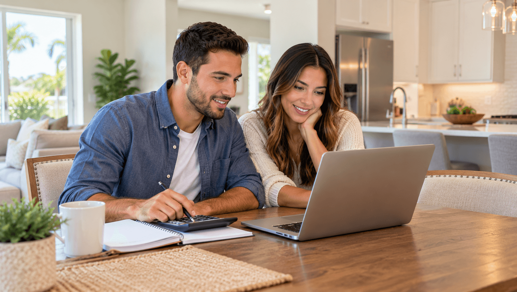 Young couple working out an FHA mortgage payment on a laptop