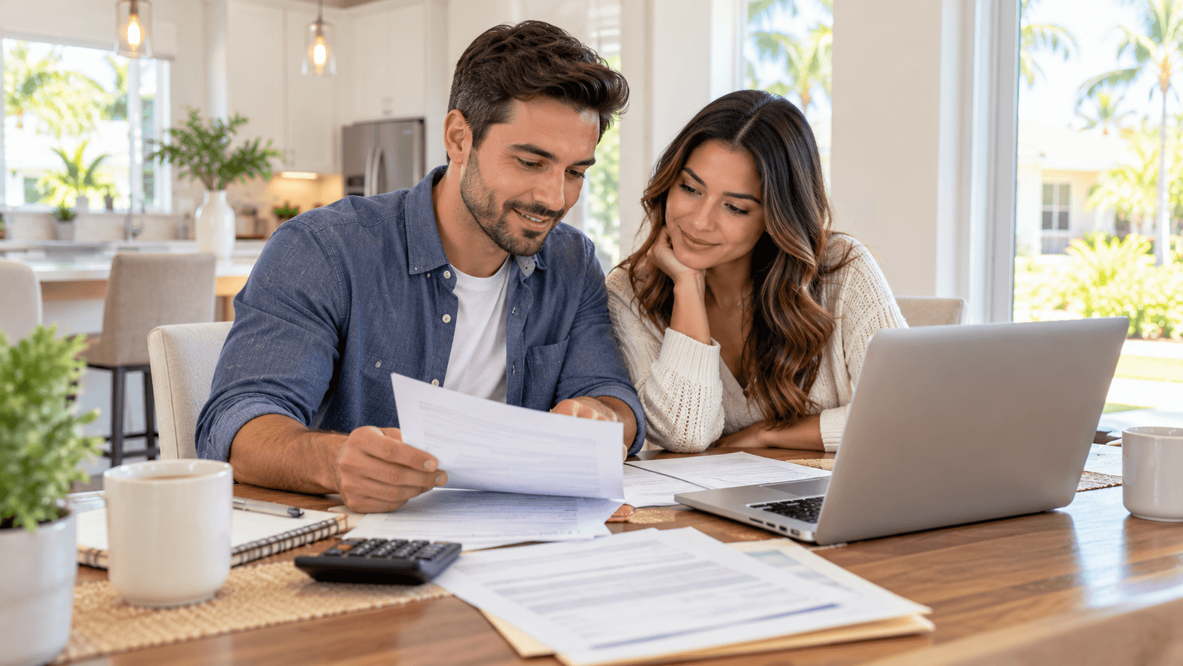 young couple reviewing tax paperwork and a laptop at a dining table