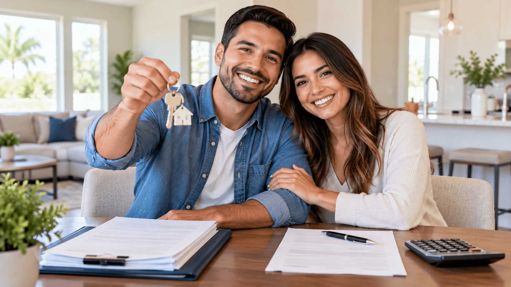 couple holding new house keys at florida closing table