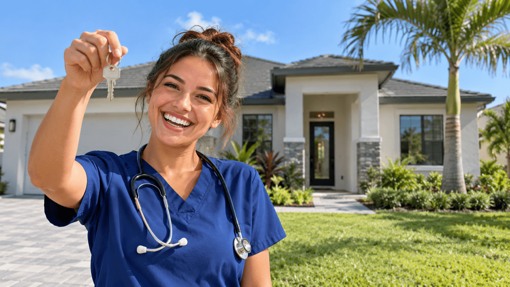 first-time buyer nurse holding house key in front of new florida home