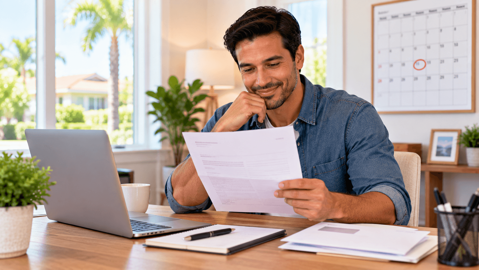 homeowner reading insurance renewal letter at desk in new florida home