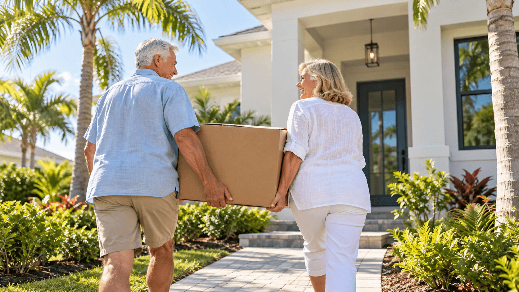 retired couple carrying moving box to new home with palm trees