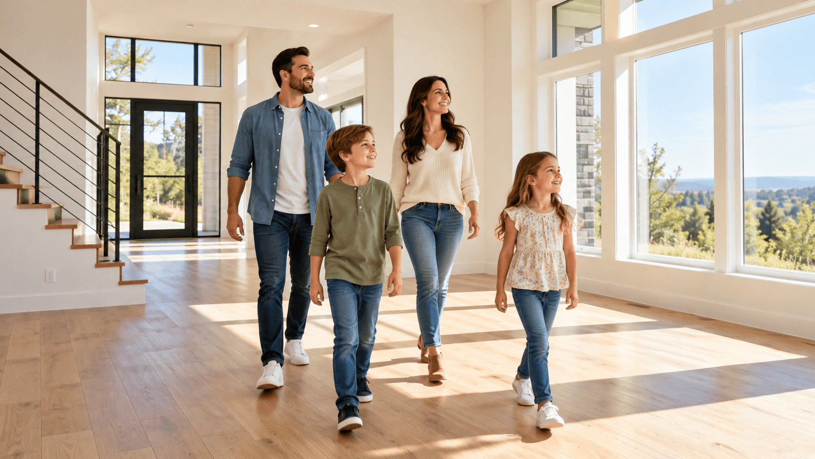 family touring the living room of a brand new home