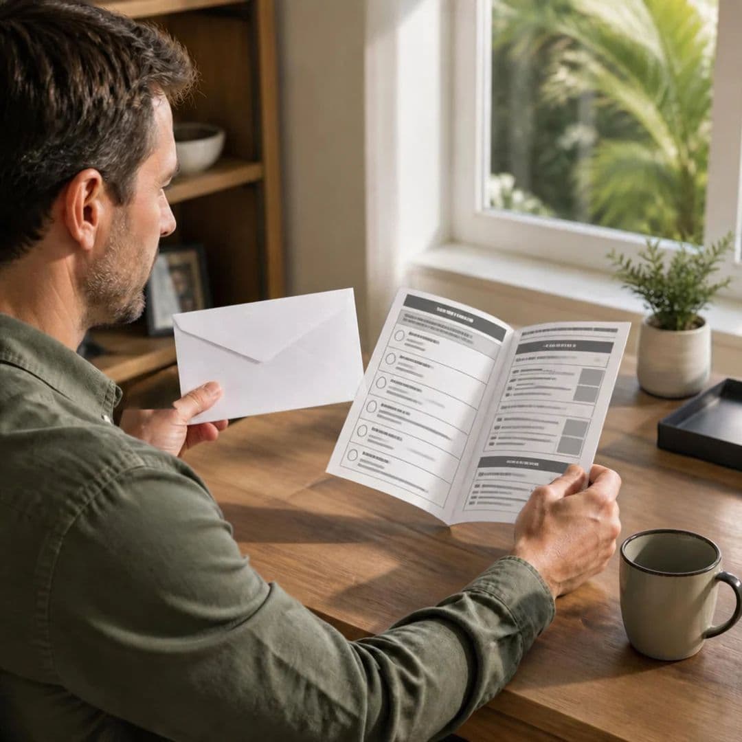 homeowner reading mailed information at home desk