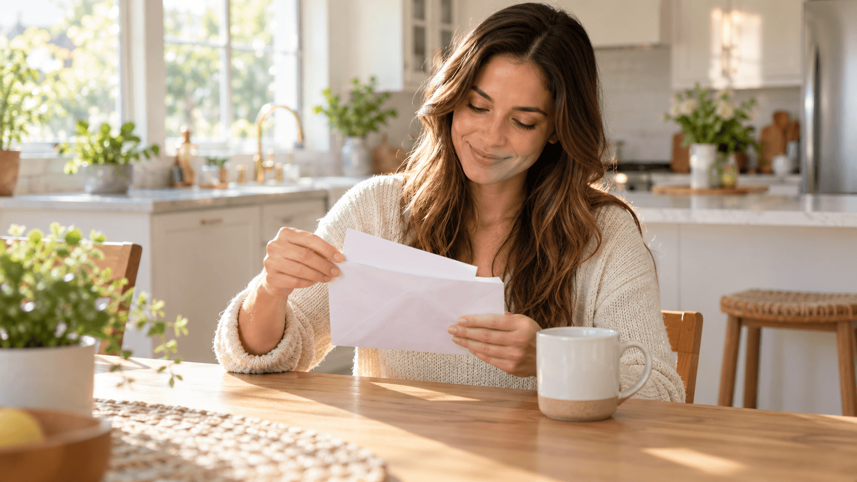 homeowner opening a mailed property tax bill at a kitchen table