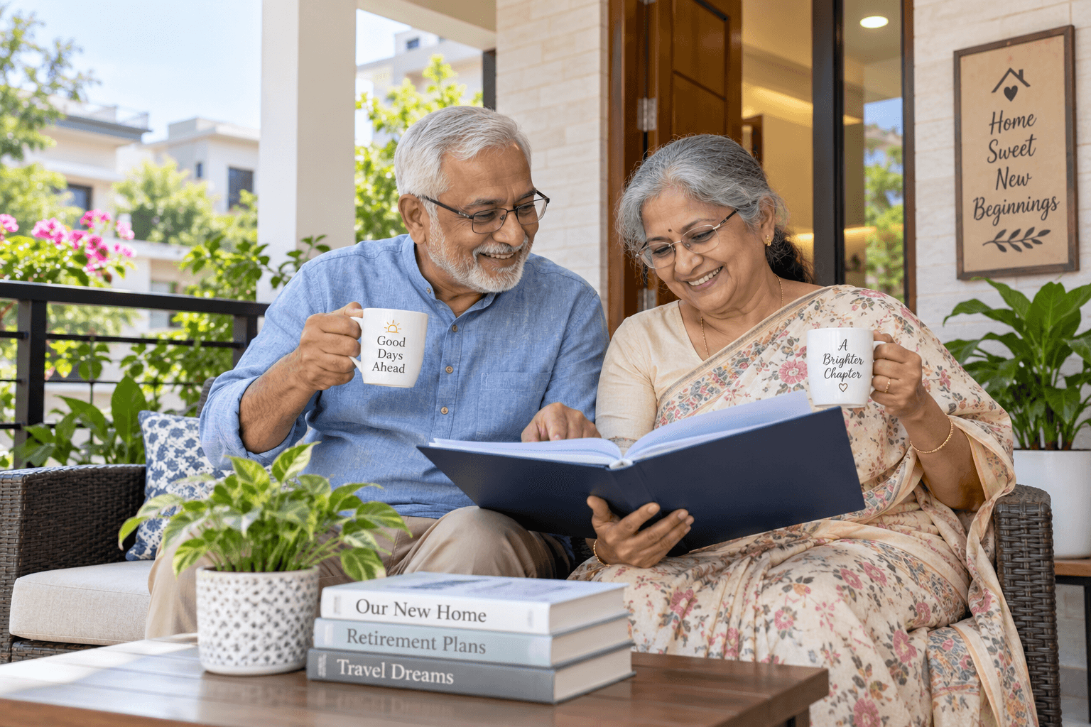Retired couple reviewing property tax papers on the porch of a new home