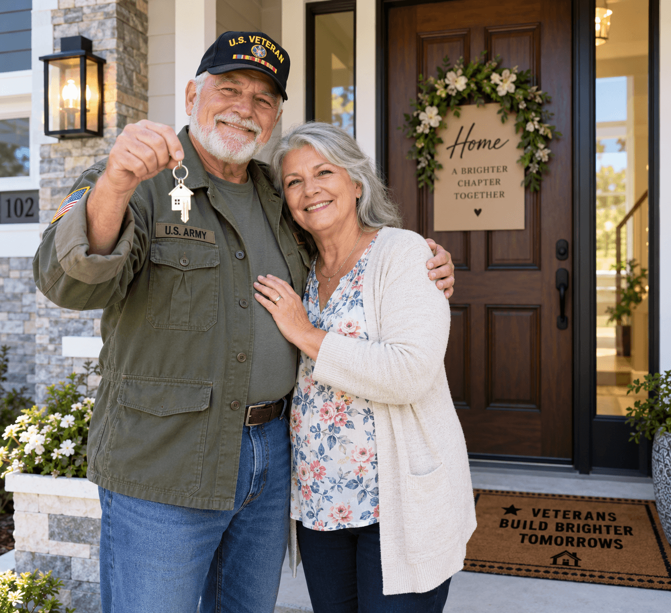 veteran couple holding keys at front door of new home