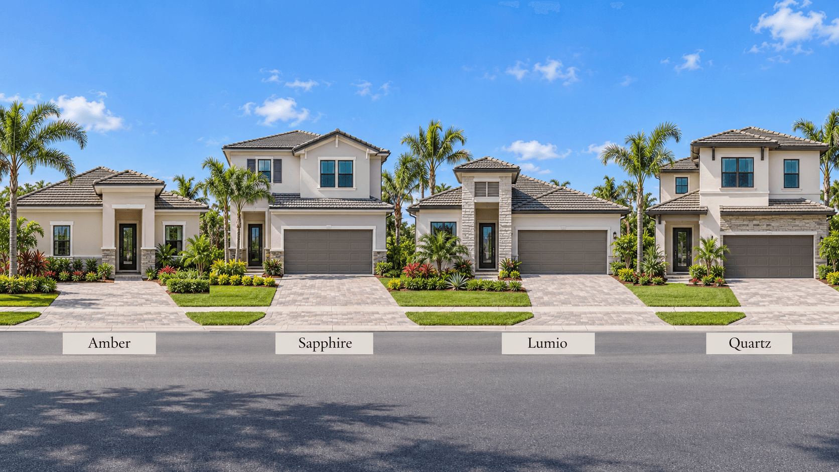 The four Lennar home designs at Sunstone in Homestead seen from the street