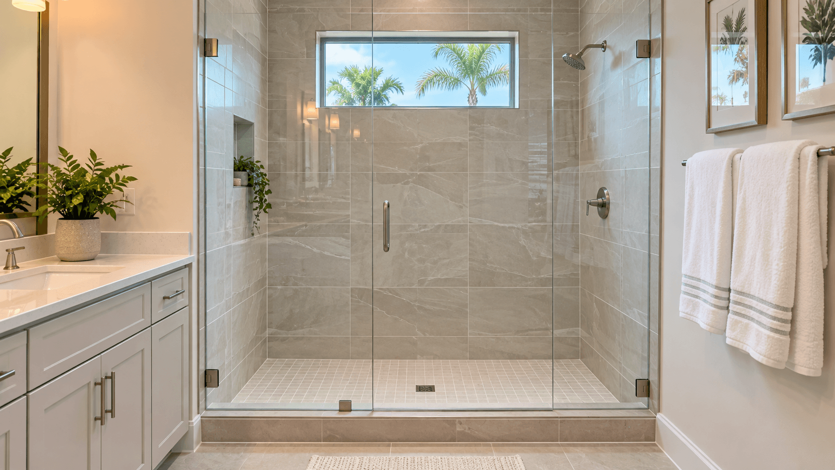 Frameless glass shower with large wall tile in a Pinehurst owner's bath at Glynlea