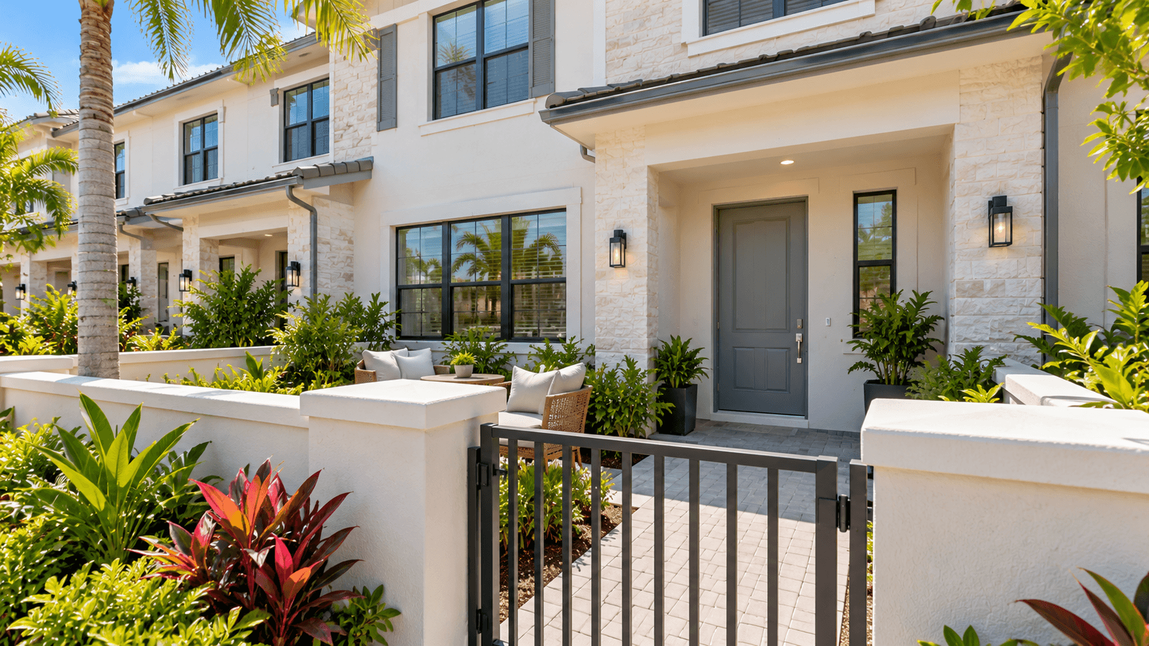Fenced front courtyard at a Vivant townhome