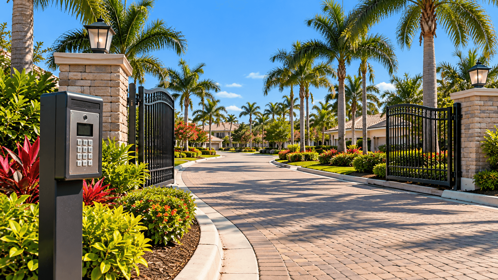 A residential entry gate with a keypad post and a landscaped road behind it