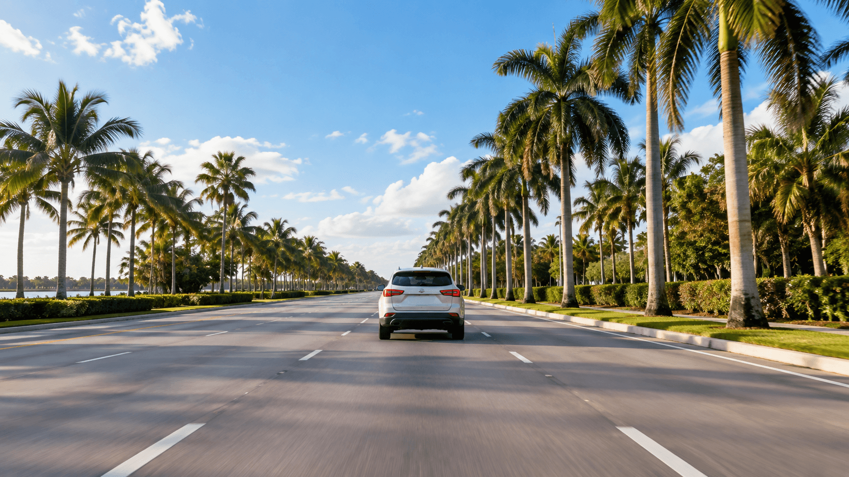 Car driving on a wide Florida road lined with palm trees
