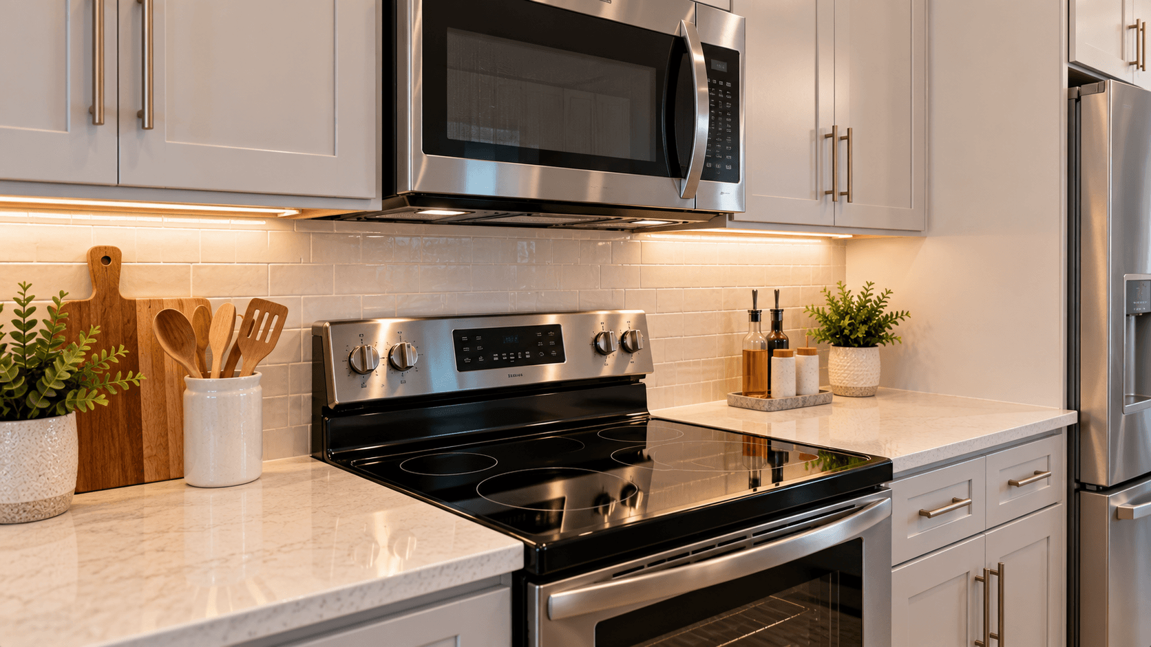 Smooth top electric range in a Vivant model kitchen