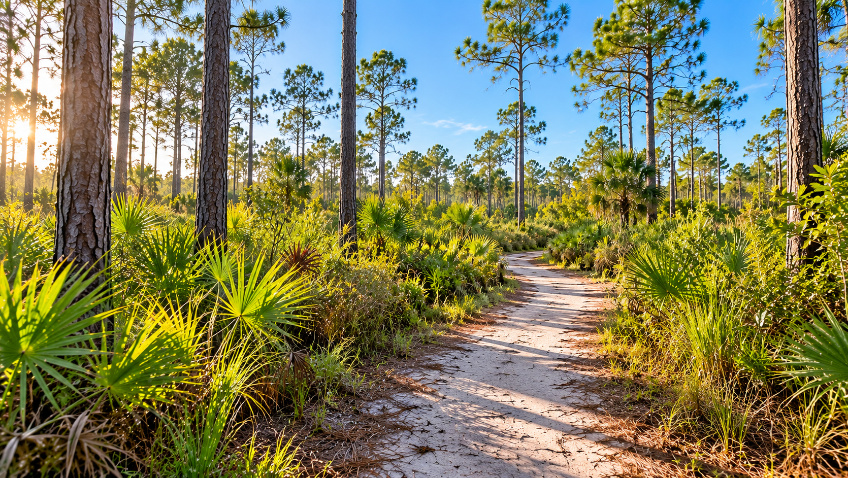 Hiking trail through pine flatwoods at Halpatiokee Regional Park in Stuart