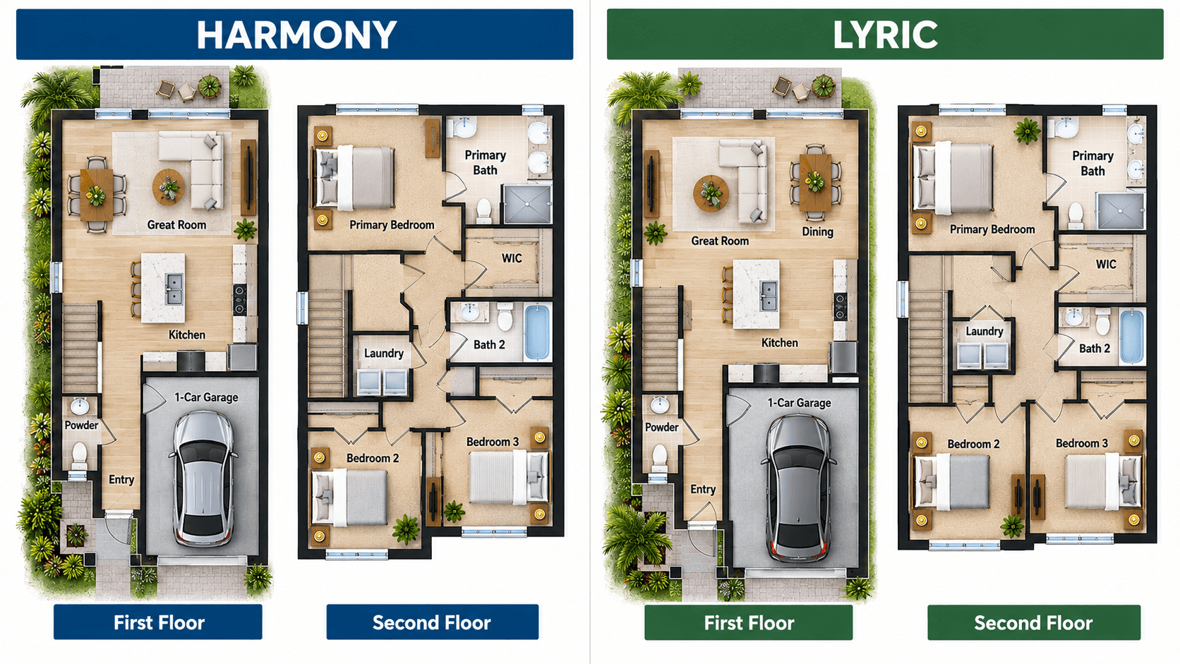 Harmony and Lyric floor plans side by side at Aria Park in Homestead, FL