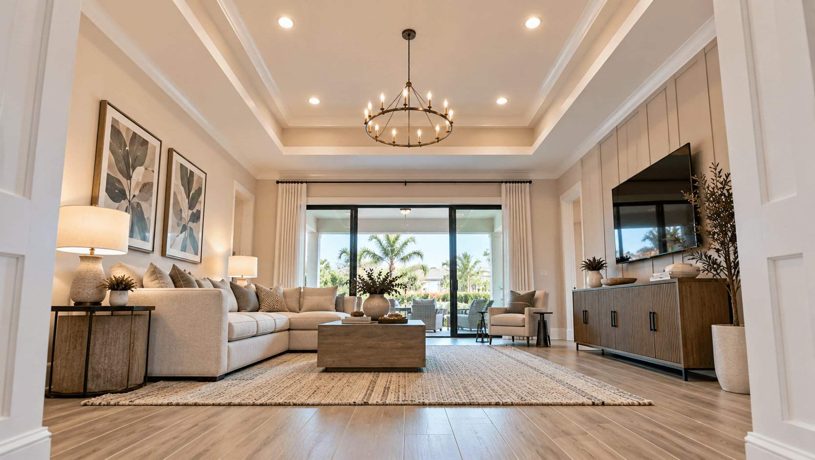 Gathering room with an 11-foot tray ceiling in a Canter model