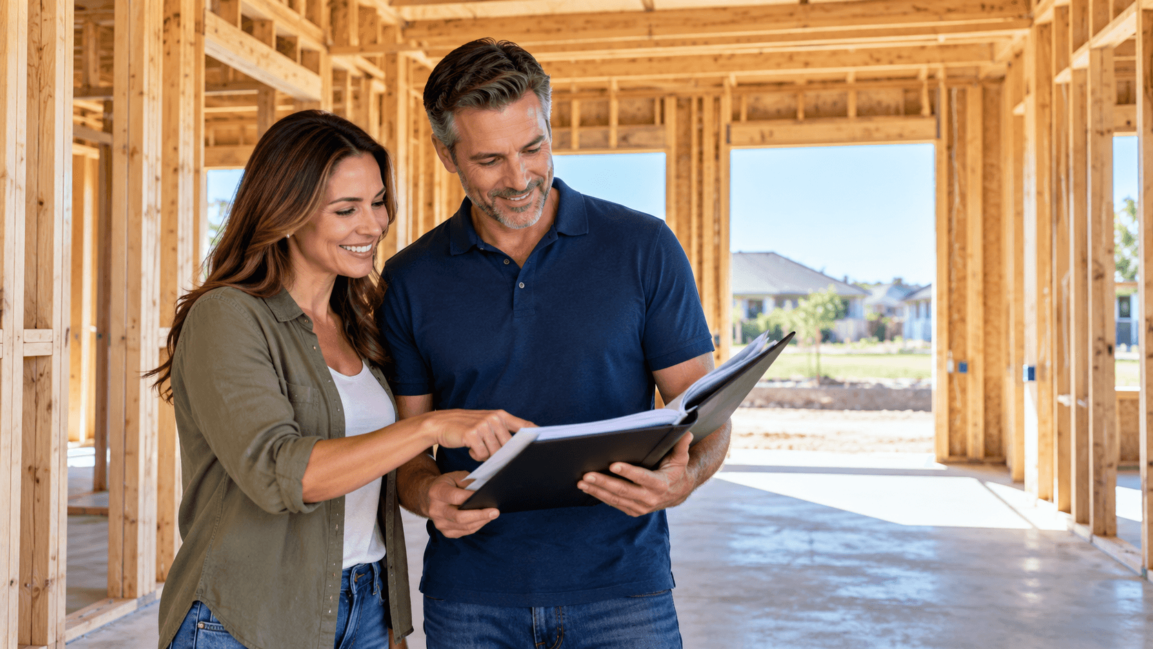 couple reviewing papers inside new home under construction