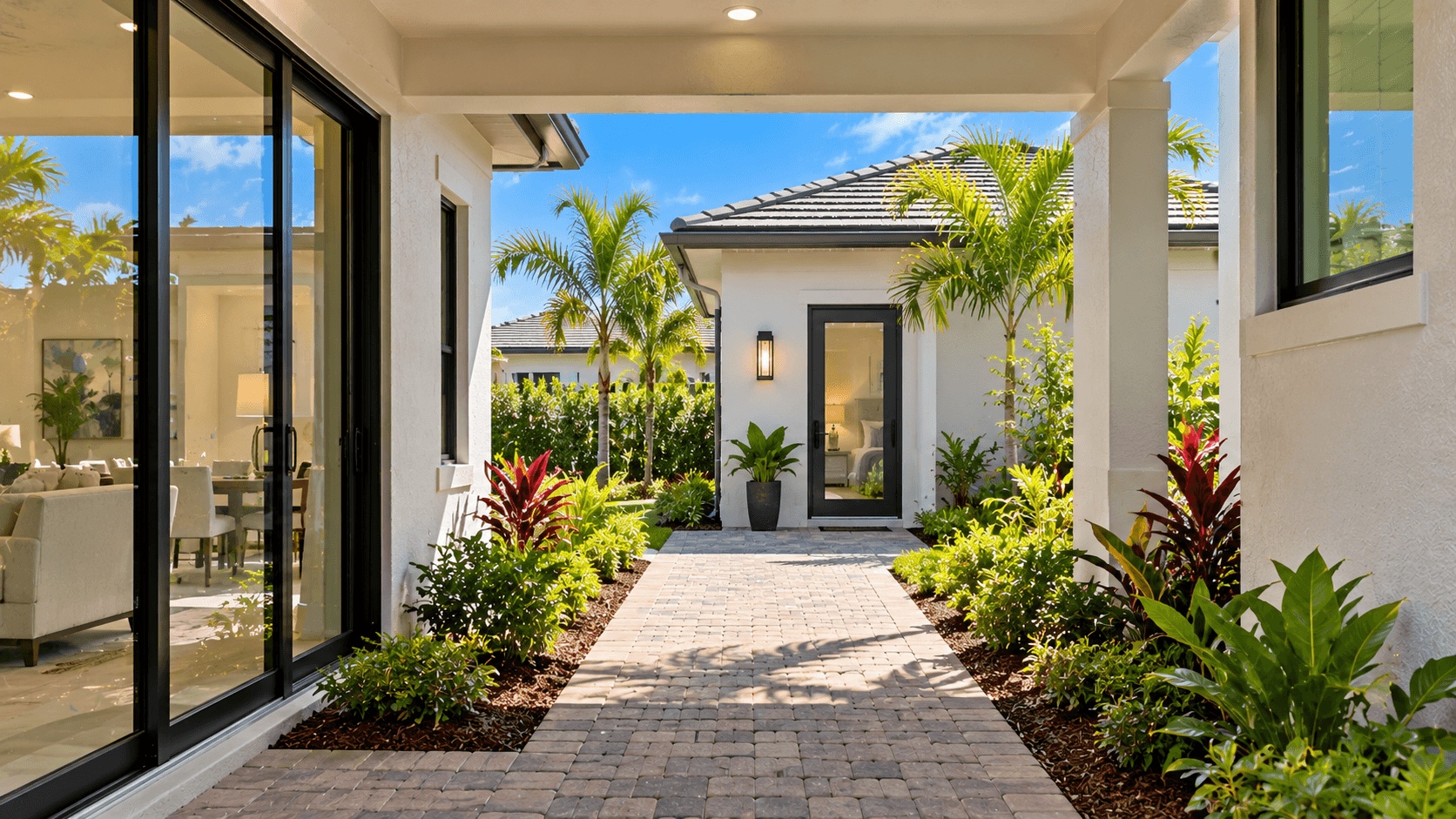 Covered paver walkway to the casita of an Ellington Grande at Amara