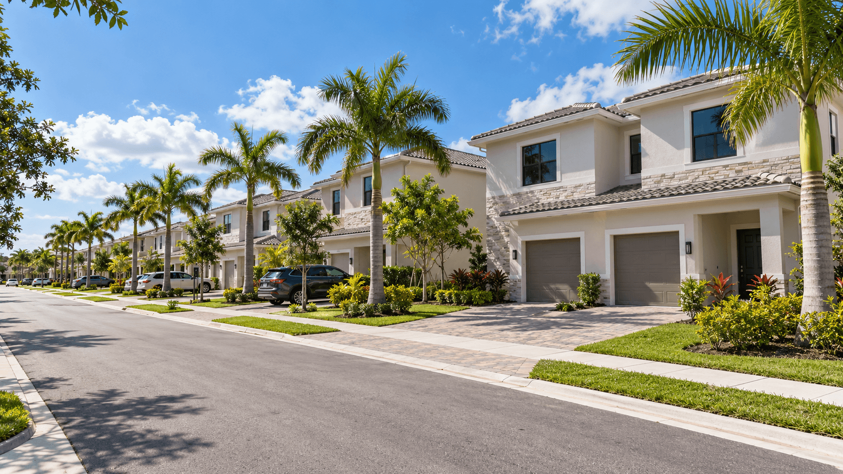 New two-story twin homes on a sunny street near Homestead, Florida