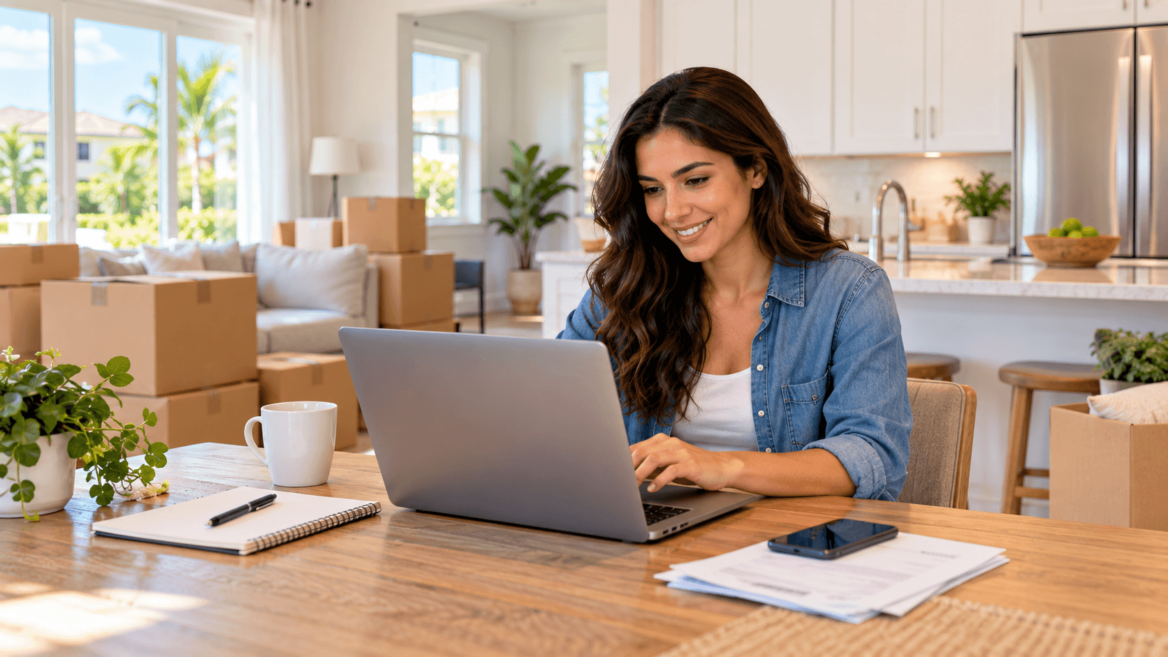 Homeowner setting up utility accounts on a laptop at a kitchen table