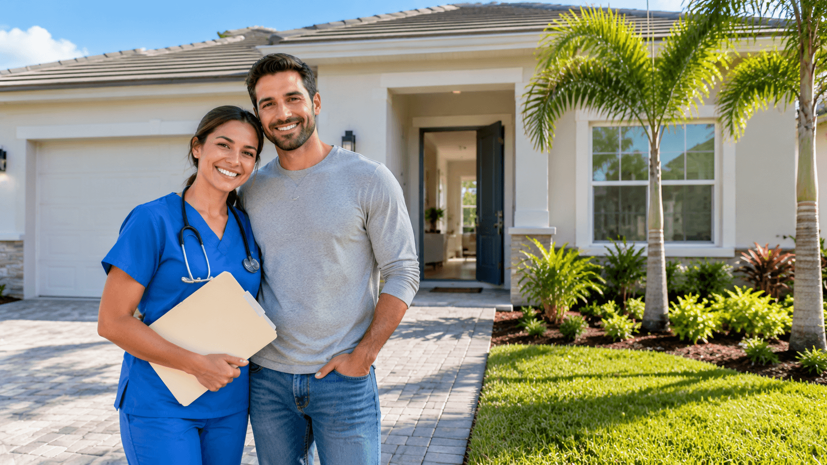 nurse and partner in front of newly built home