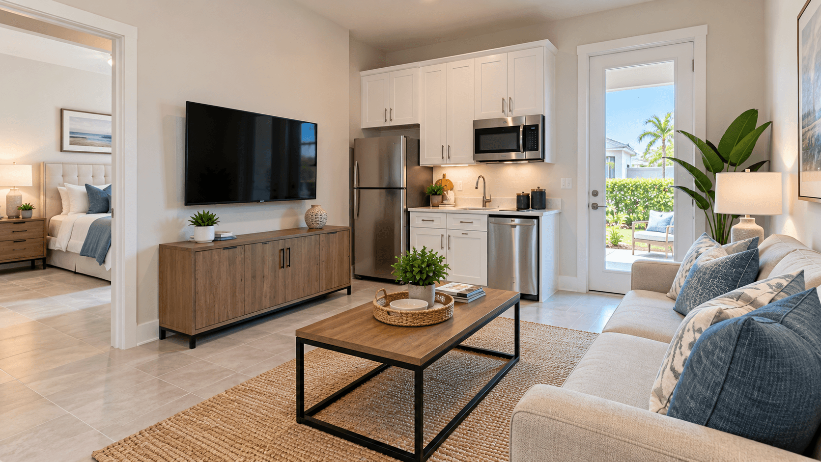 Next Gen suite living area with kitchenette in the Compass plan at Heron Pointe