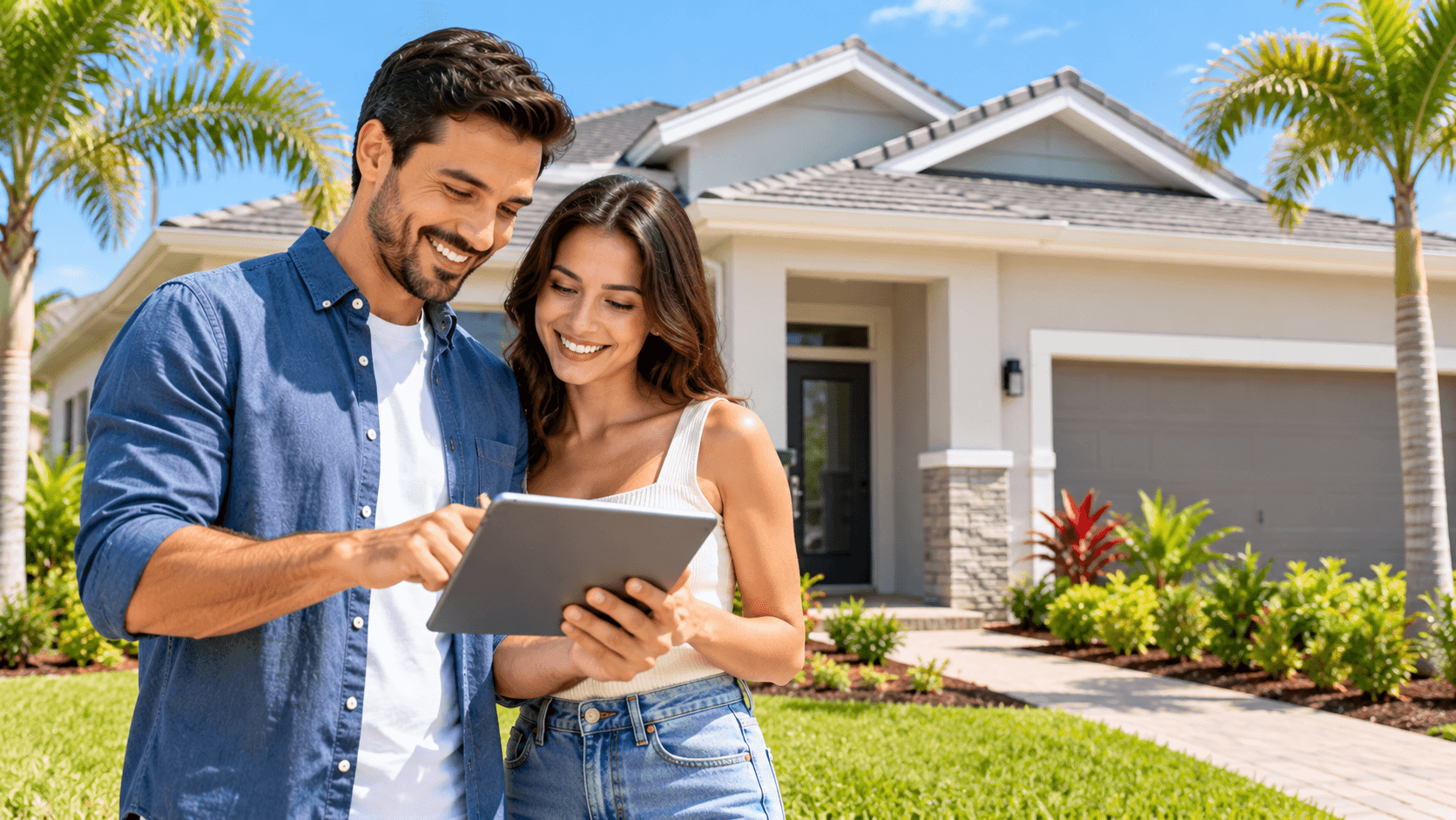 young couple looking at tablet in front of newly built home