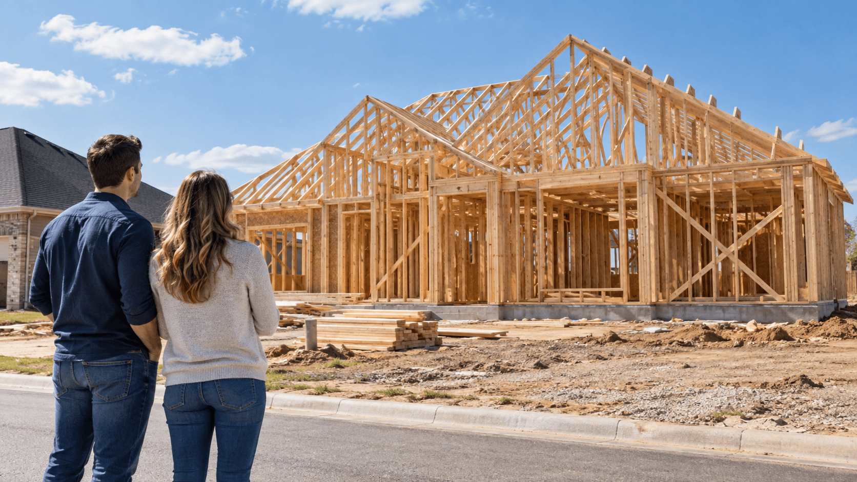 couple watching new home framing under construction on sunny day
