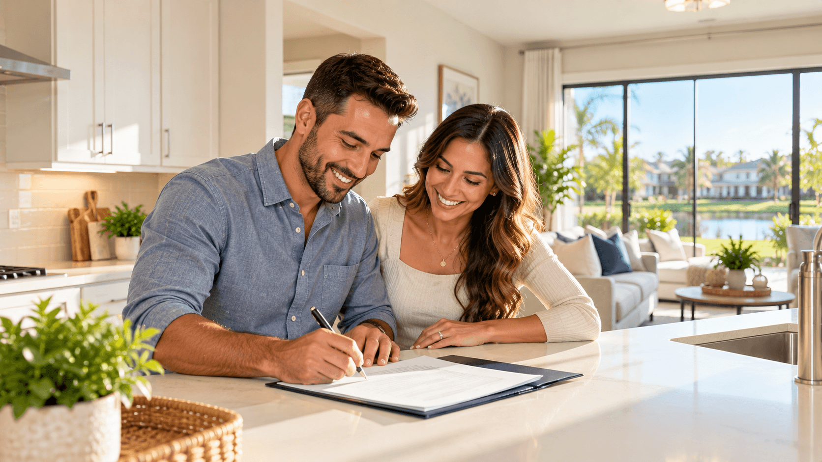 Couple signing closing papers at the kitchen counter of a new home
