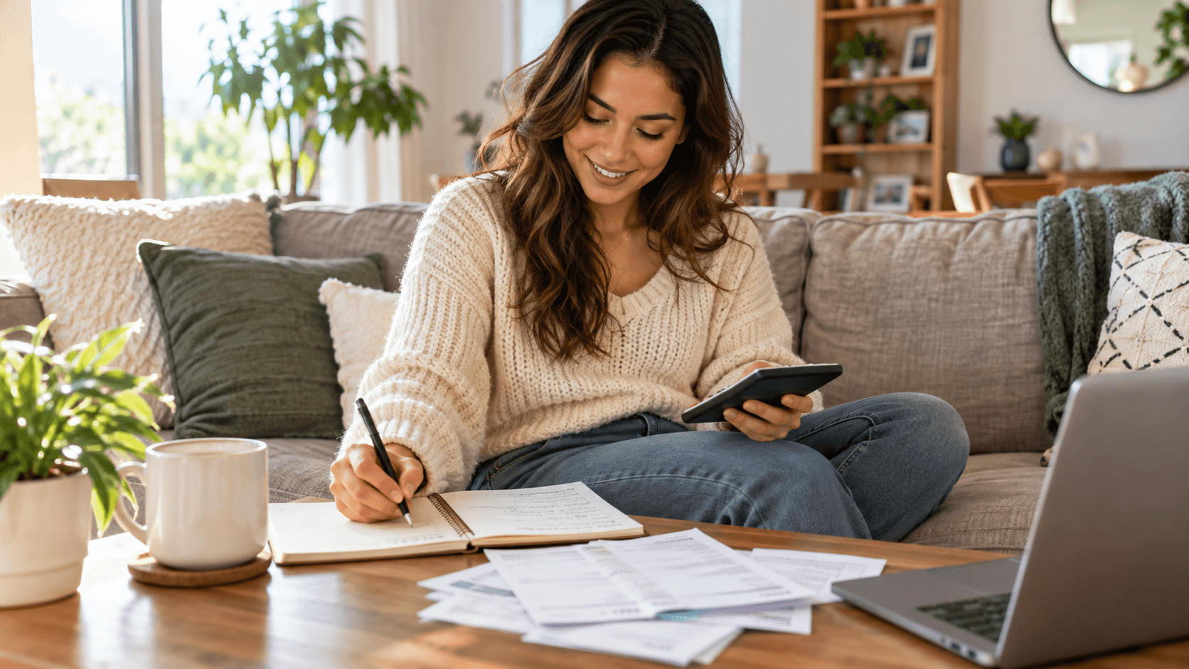 young woman working out a home buying budget with a calculator on a couch