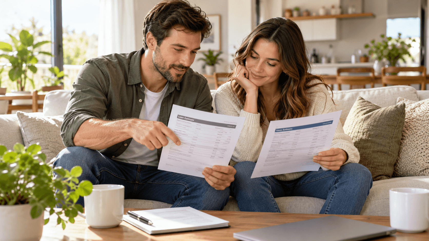 couple comparing two mortgage offers on couch in new home