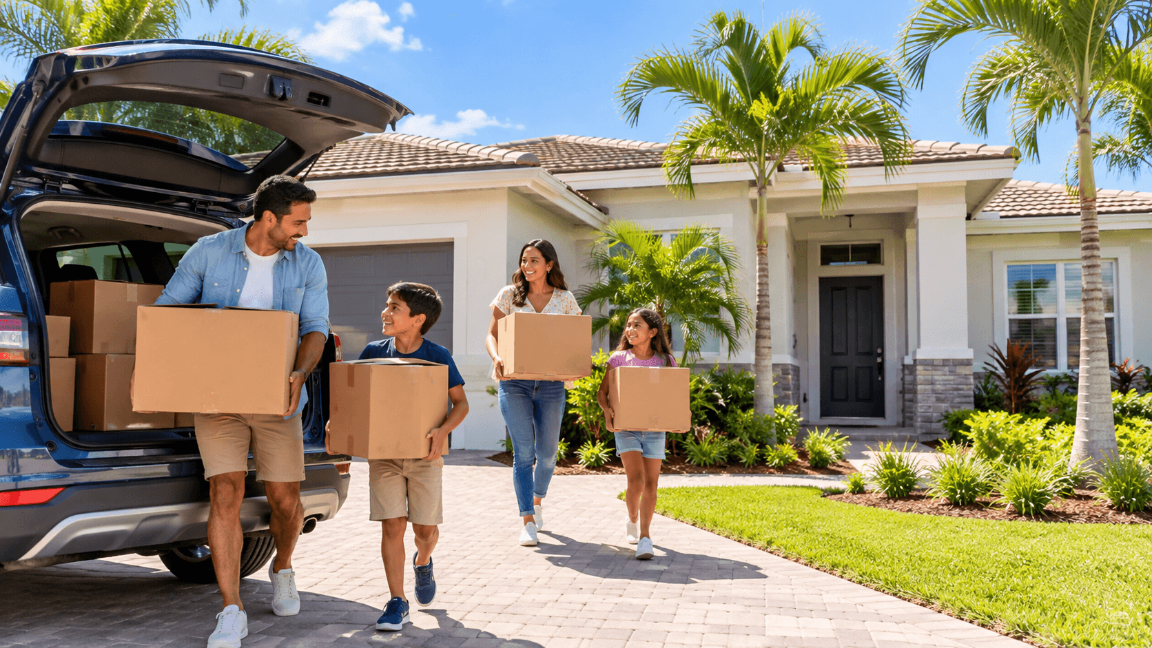 family moving boxes into new construction home in Florida
