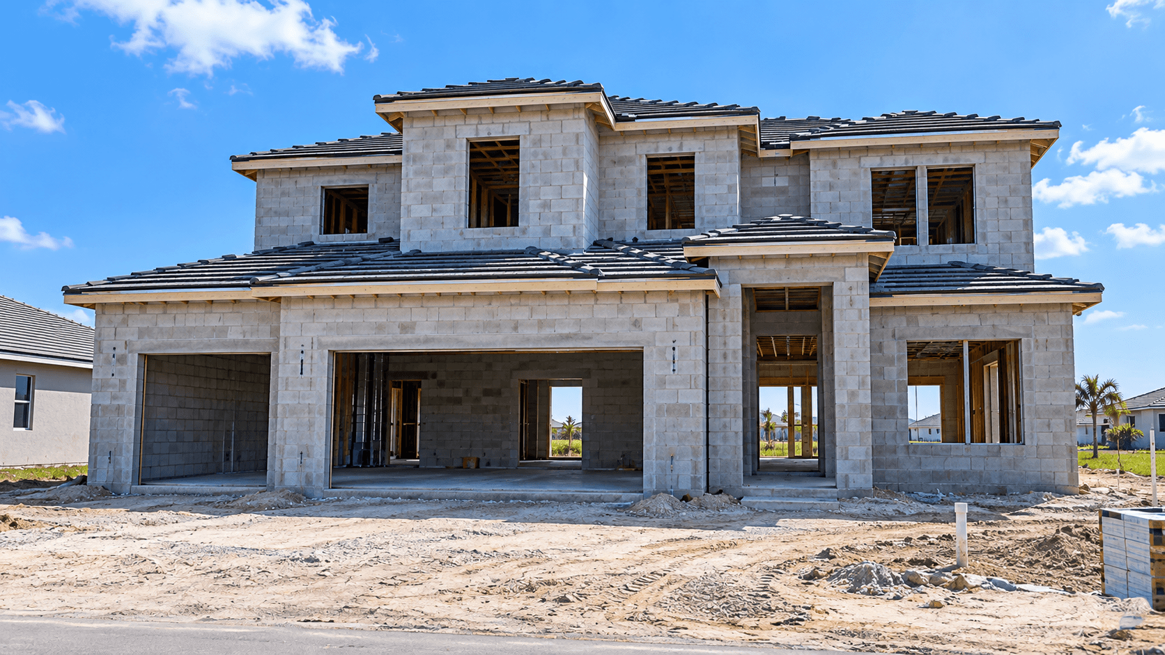 Concrete block walls of a home under construction at Amara by DiVosta