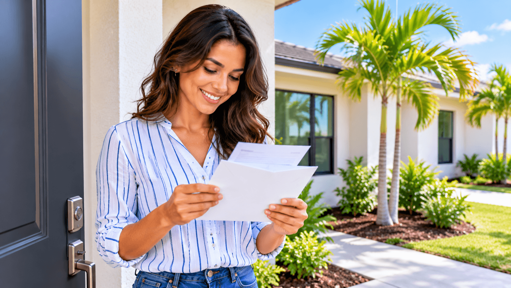 homeowner opening tax letter at new single story home