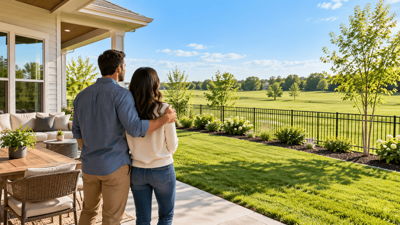 Buyers reviewing a backyard view before choosing a lot