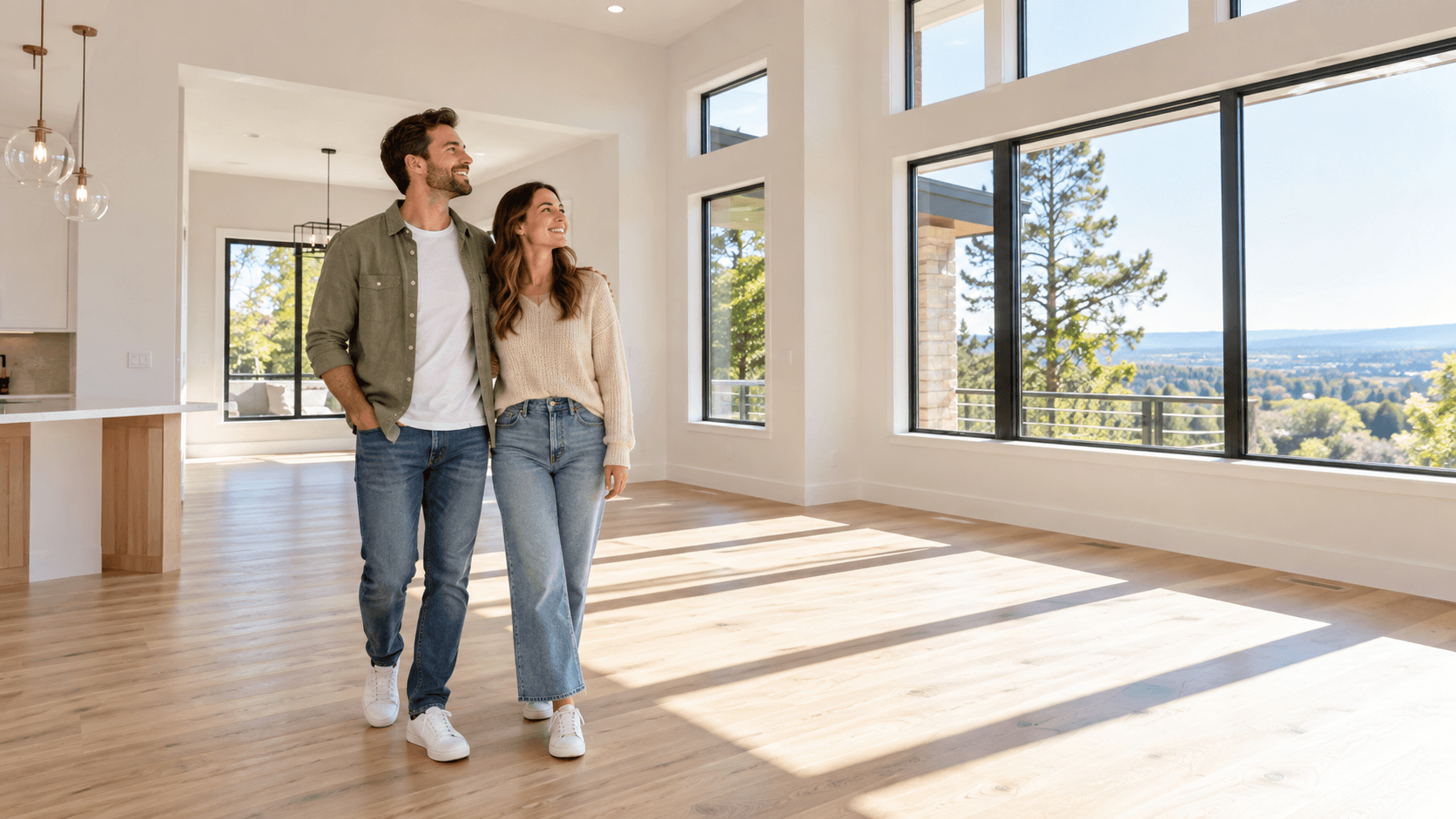 couple touring bright empty living room of new home