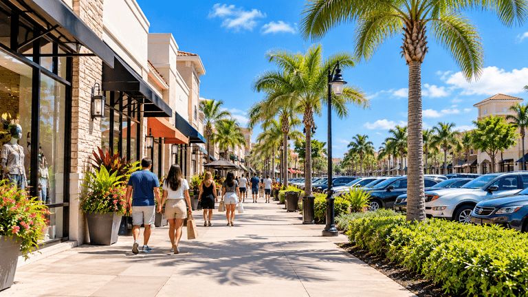 Shoppers on a wide sidewalk outside an open-air shopping center in daylight
