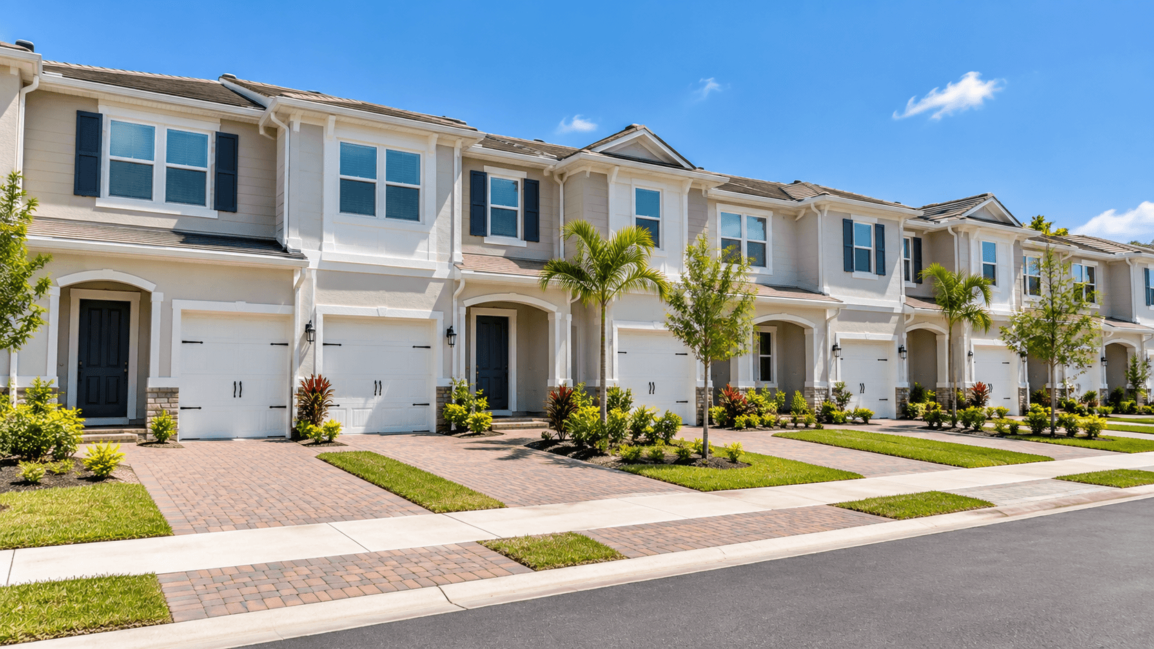 Row of two-story townhomes with 1-car garages at Juniper Cove in Homestead
