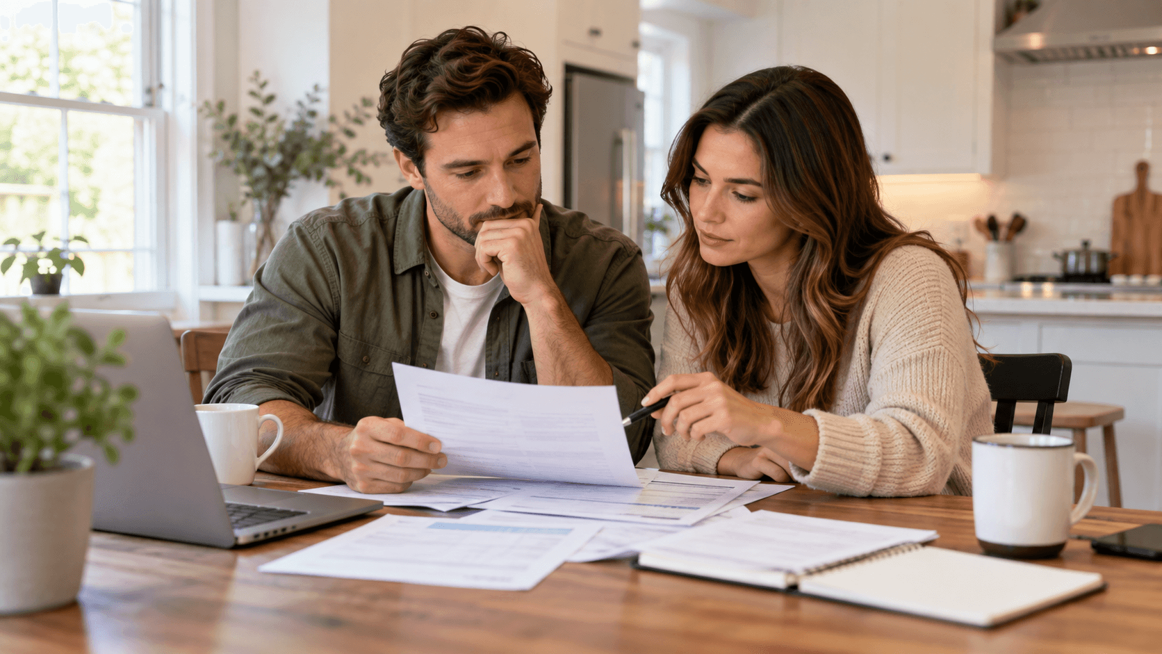 A couple at a kitchen table reviewing home loan papers together