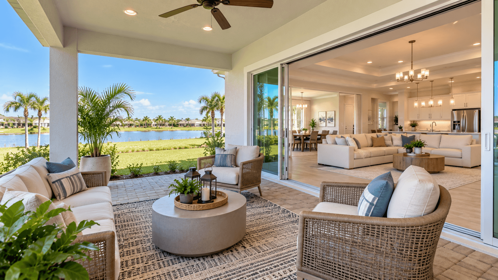 Covered lanai with open sliding doors on a Pinehurst home at Glynlea