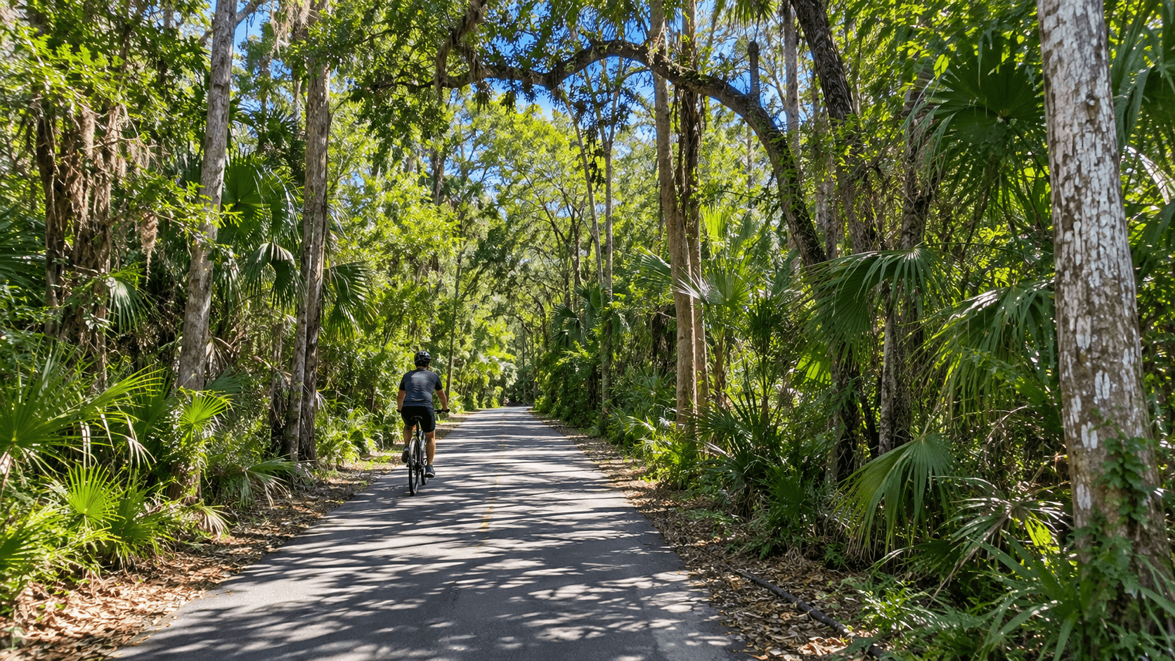 Shaded bike trail through the woods at Larry and Penny Thompson Park in south Miami-Dade