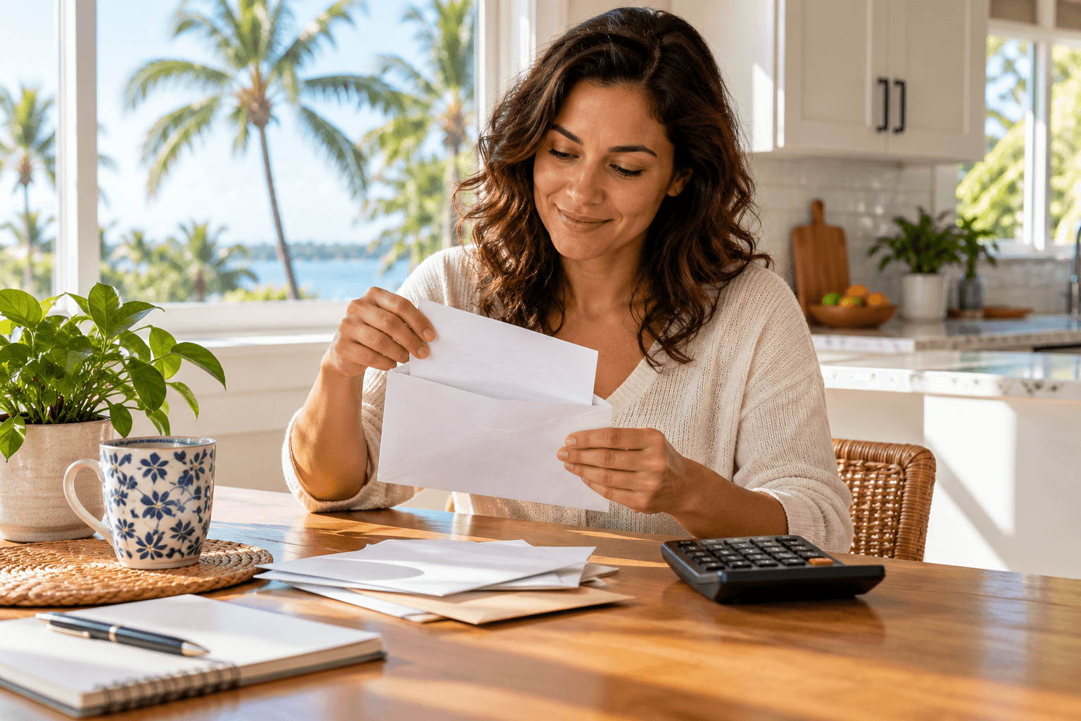 homeowner opening a property tax bill at a kitchen table in a new Florida home