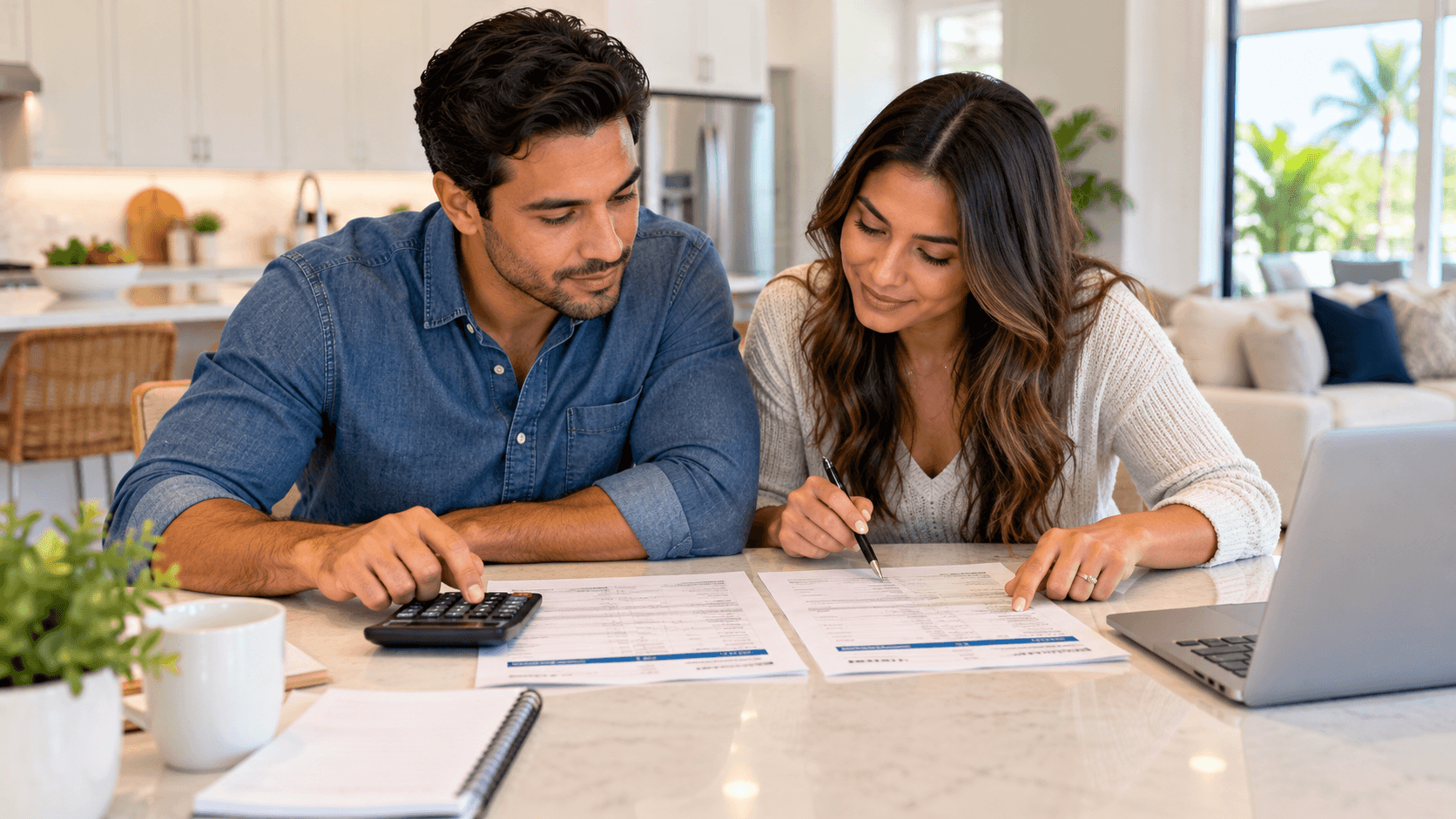 Young couple comparing two mortgage offers with lender credits at a kitchen table