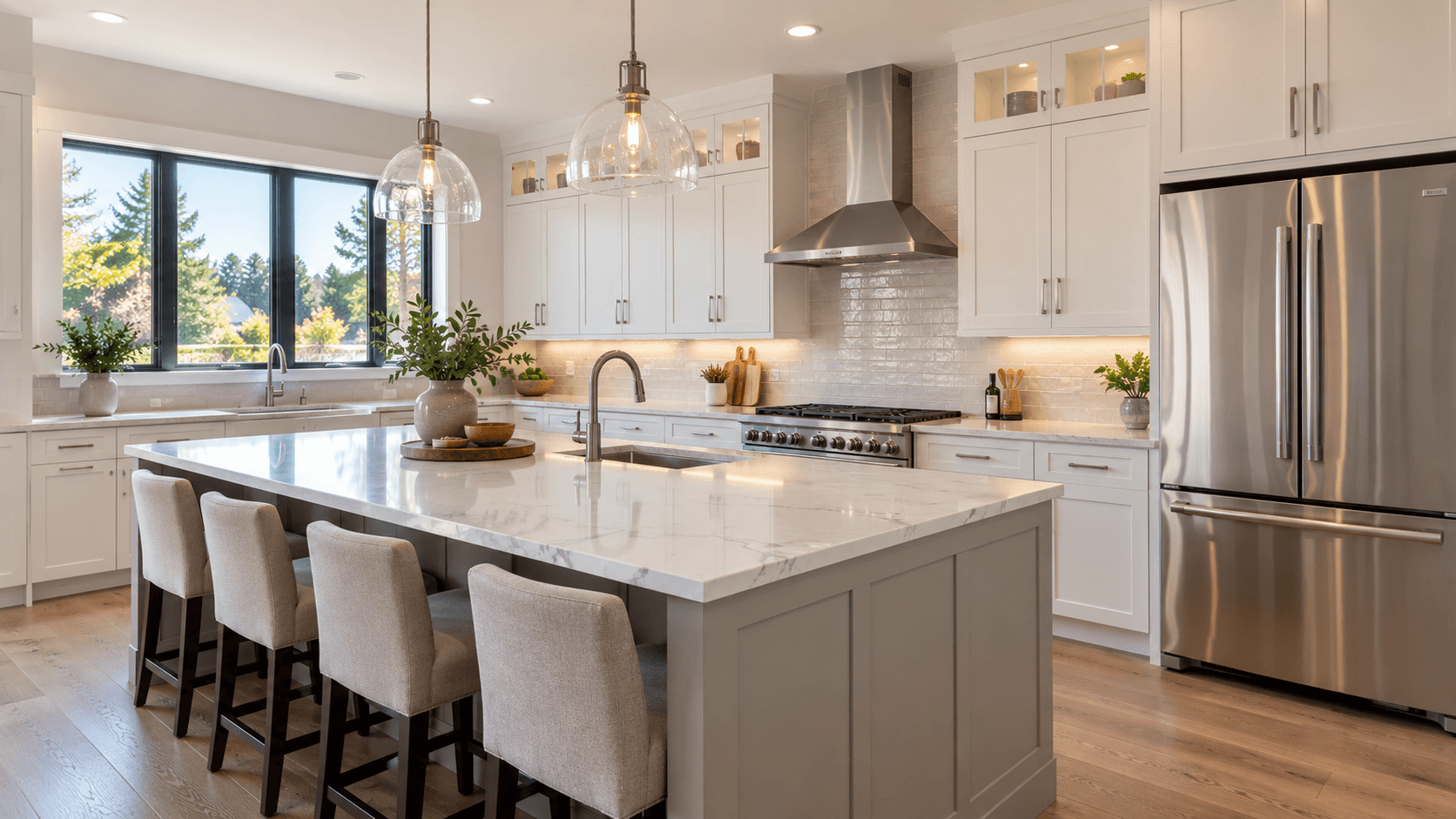 A new kitchen with a quartz island and stainless steel appliances