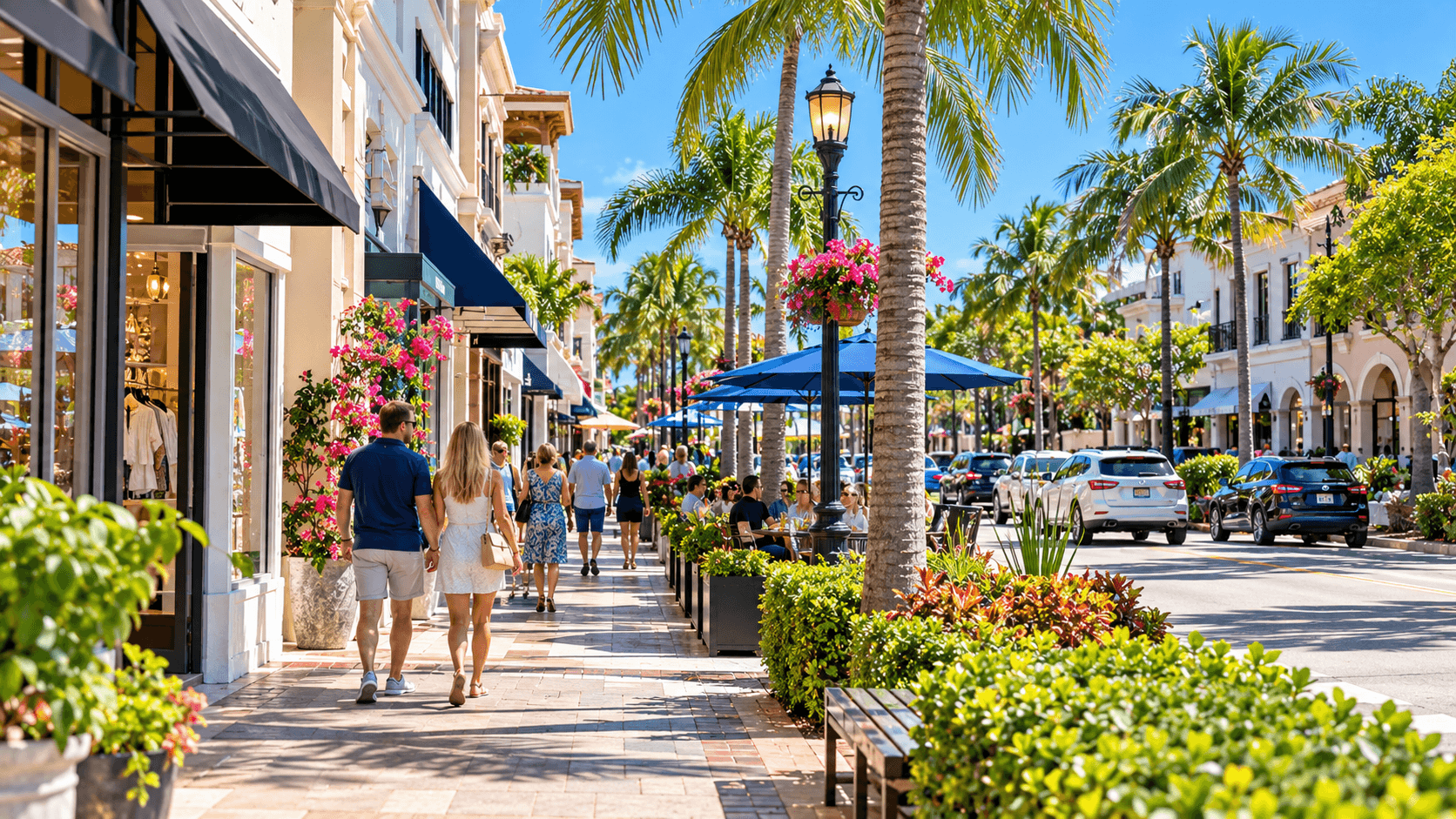 Atlantic Avenue in downtown Delray Beach with shops and people walking
