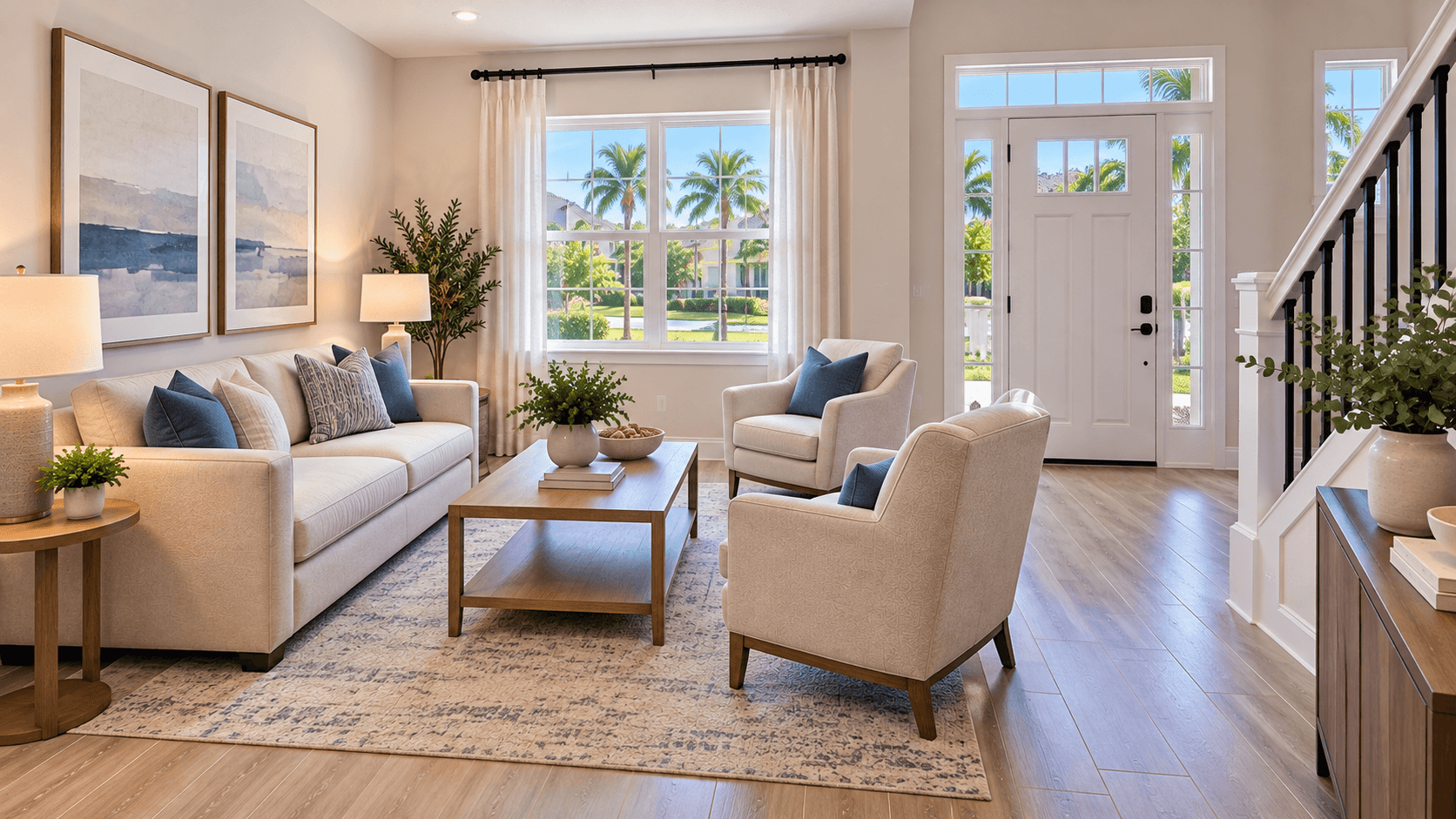 Formal living room with two chairs and a small sofa near the front door