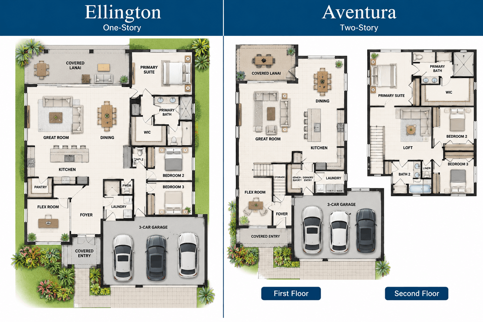 Ellington and Aventura floor plans side by side at Canter