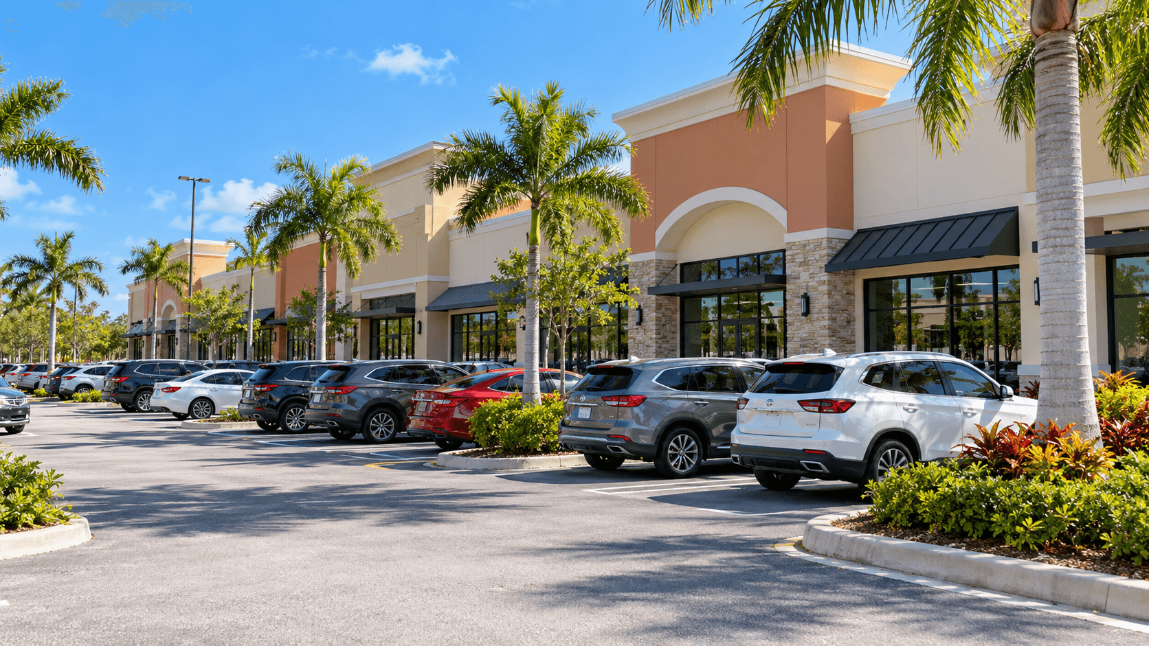 Open-air shopping center with a parking lot in Homestead, FL