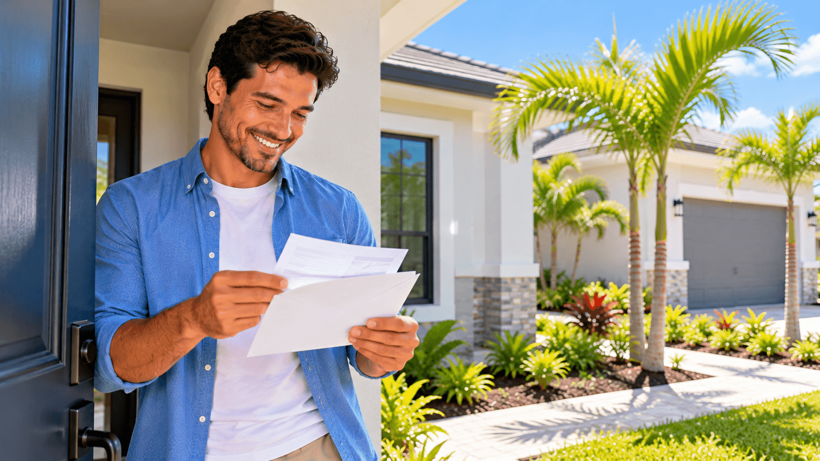 homeowner opening tax letter at new single story home