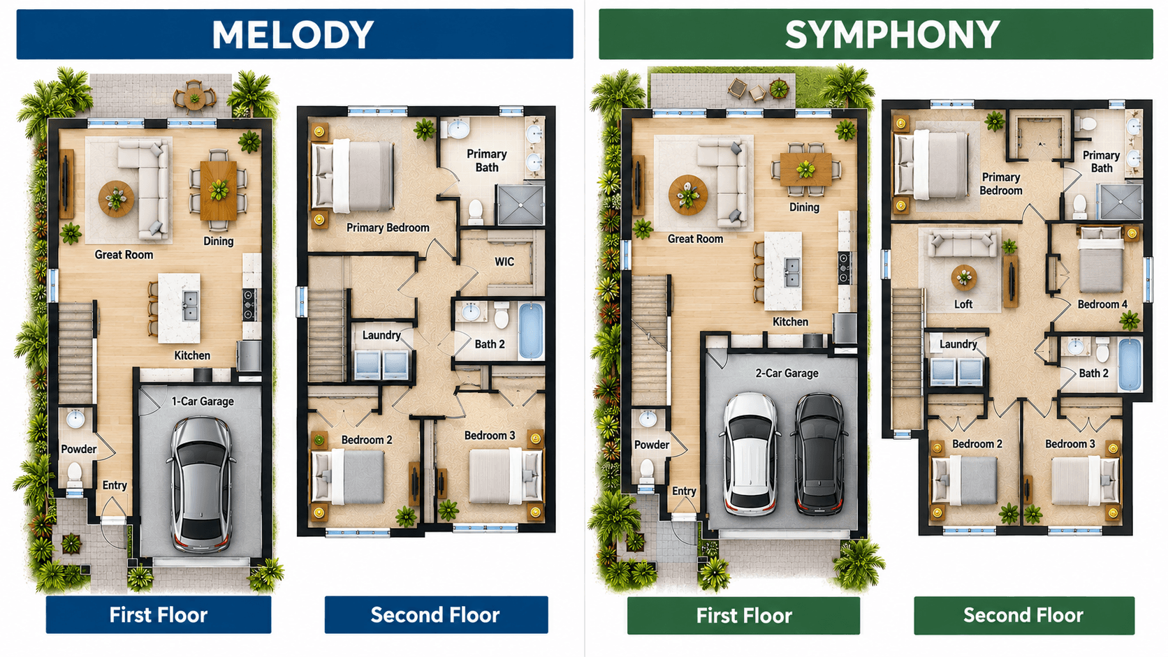 Melody and Symphony floor plans side by side at Aria Park in Homestead, FL